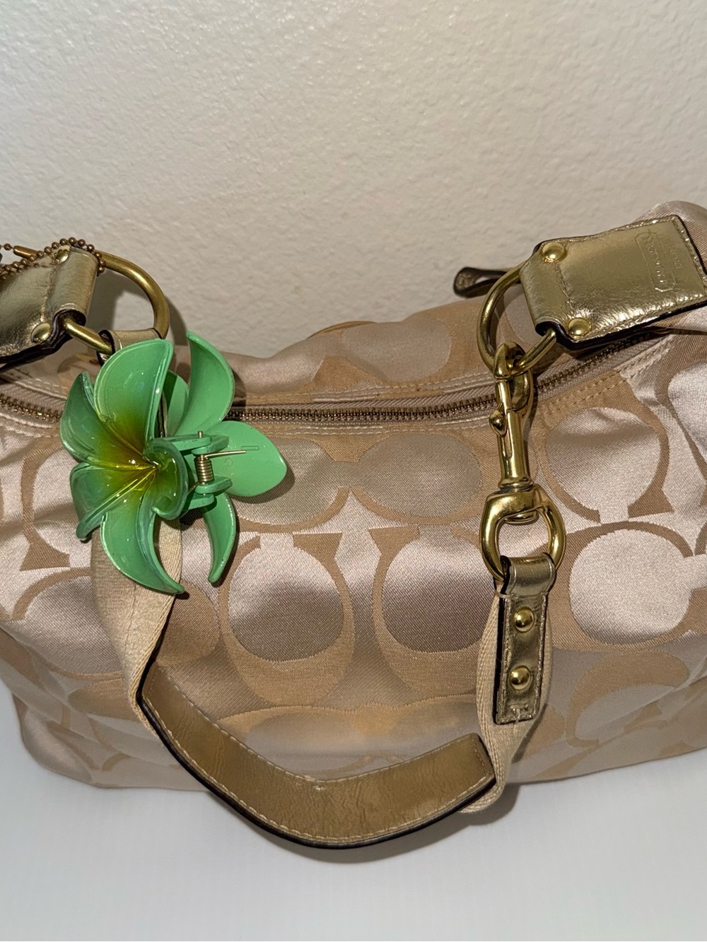 Coach Satin Logo Shoulder Bag in Gold with Green Flower Charm
